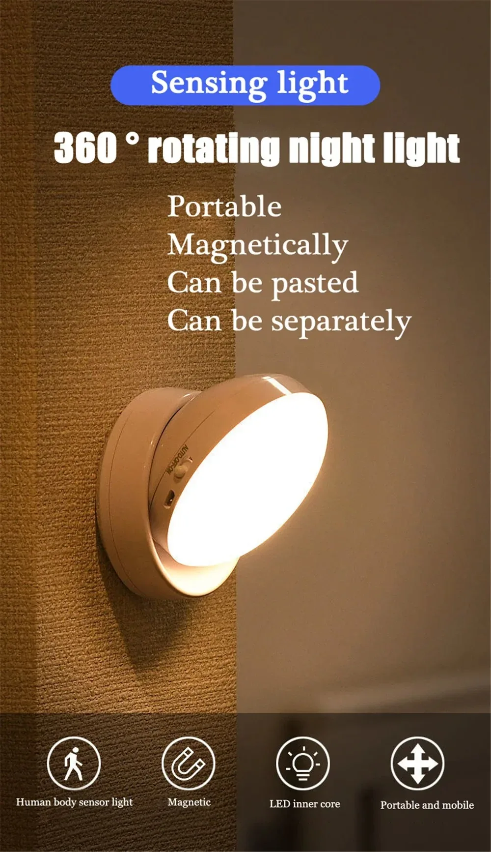 Night Lamp With Motion Sensor Night Light Rechargeable Wireless Led 360 Rotating Magnetic For Kitchen Room Bedside Table