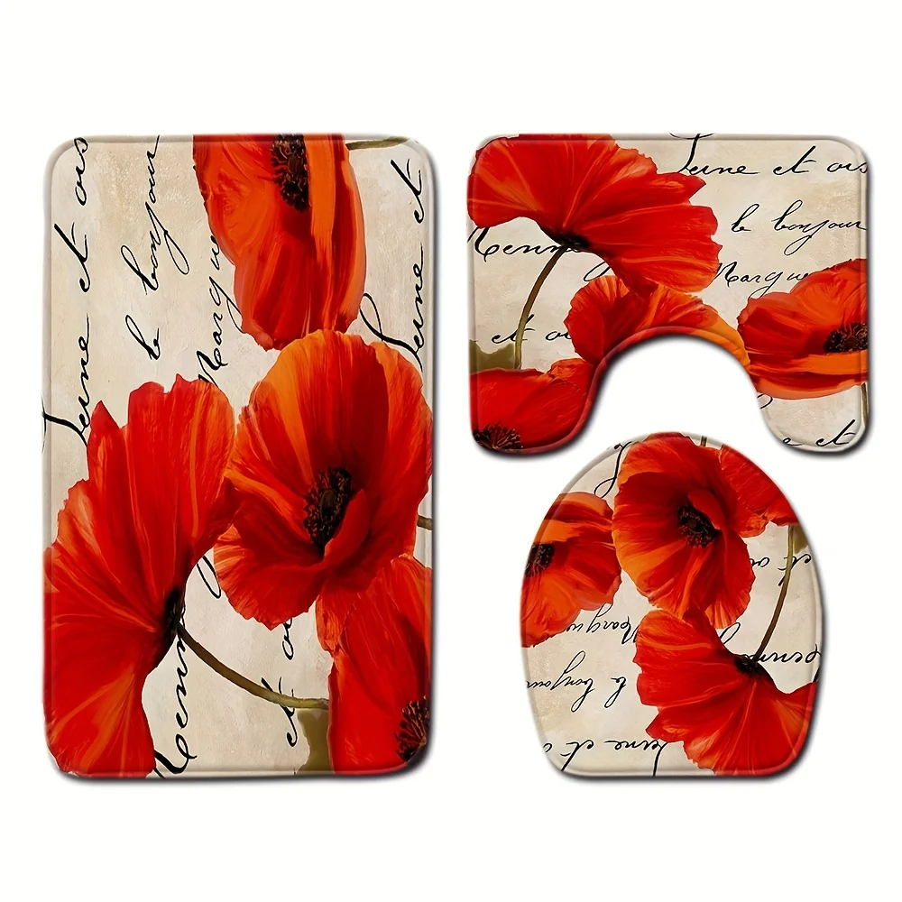 1 Set Floral Poppy Lettering Bathroom Rugs, 3pcs Non-Slip Machine Washable Blend Bath Mats, Oblong Toilet Lid and Floor Carpet