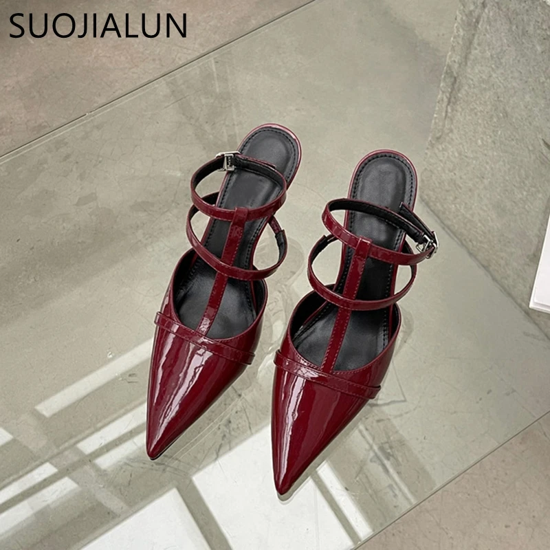 SUOJIALUN 2023 Spring New Pointed Toe Women Sandal Fashion Ankle Starp Thin High Heel Ladies Elegant Pumps Dress Slingback Shoes