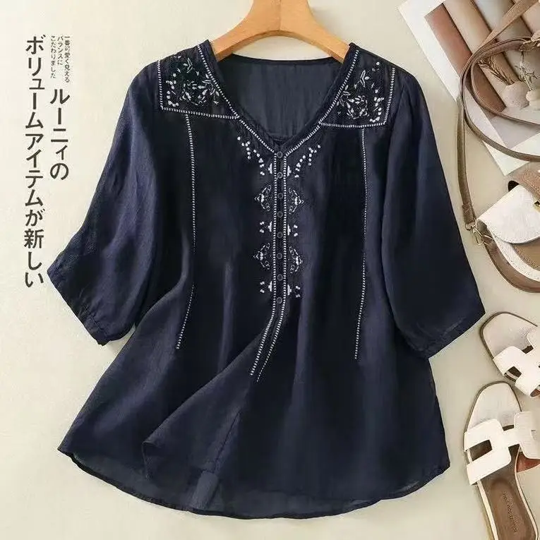 เสื้อย้อนยุค V คอปักฤดูร้อนหลวมวรรณกรรมเสื้อด้านบน