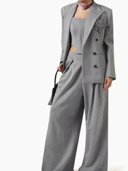 Fashion Commuter Grey Suit Women's Autumn Winter New Three-Dimensional Flower Brooch Blazer Coat+Vest+Wide Leg Pants 3-Piece Set