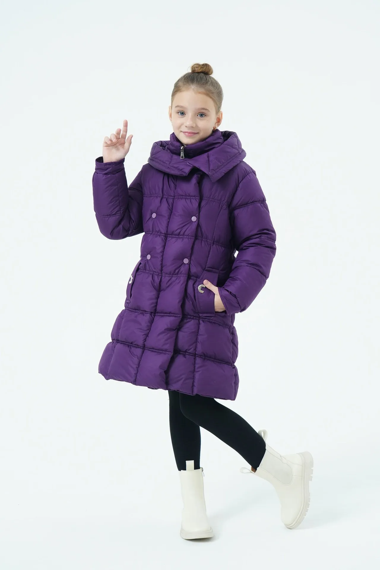 Mädchen Winter Langer Puffermantel mit Kapuze Doppelreihige Dicke Warme Gefütterte Jacke Junior Kinder Winddichte Schule Oberbekleidung 6-14 Jahre – Detail 9