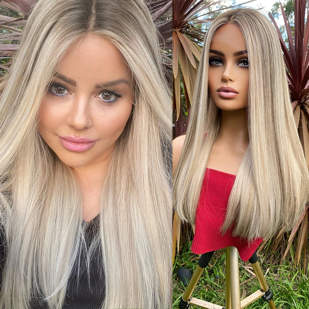 

Gorgeous Blonde Highlights Wig Ashy Roots 100% Virgin Human Hair Full Lace Wigs HD 13x6 Silky Straight Lace Front Wig for Women