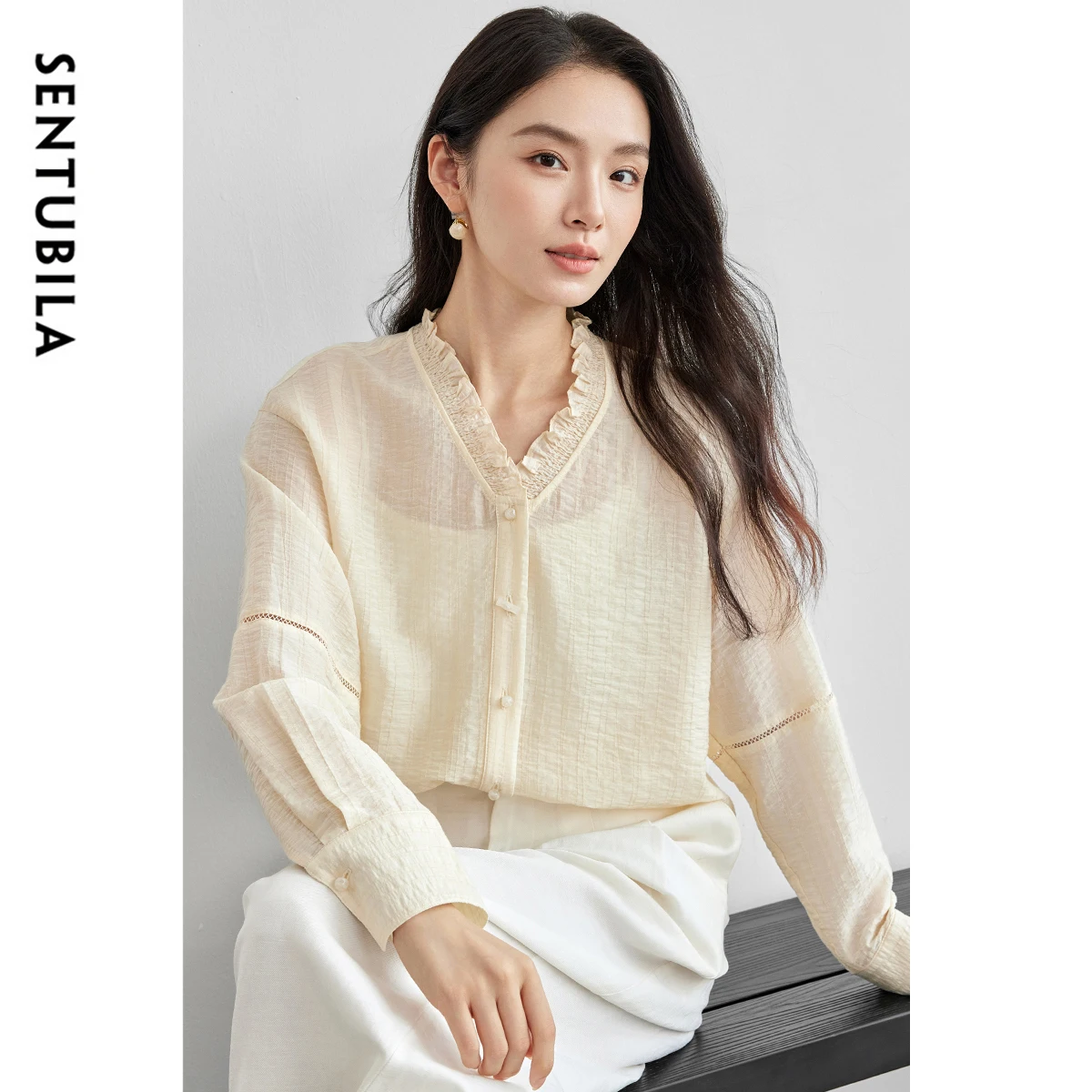 SENTUBILA Chinese Style Shirt Women 2025 Spring Lyocell Straight Ruffles V Neck Hollow Folds Long Sleeve Button Blouse 151C57678
