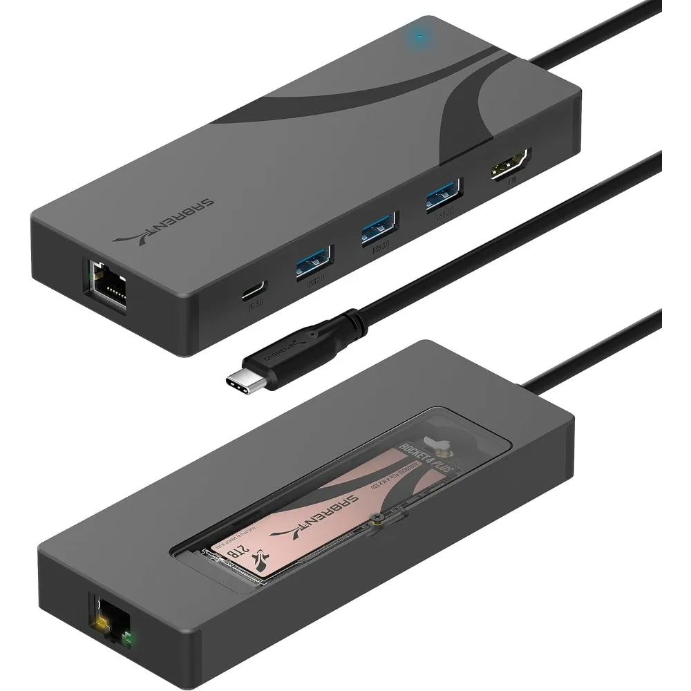 محور SABRENT USB-C ذو 6 منافذ مع حاوية M.2 SSD، 90 وات PD، منافذ USB 3.0/2.0، 4K HDMI، RJ45 جيجابت إيثرنت