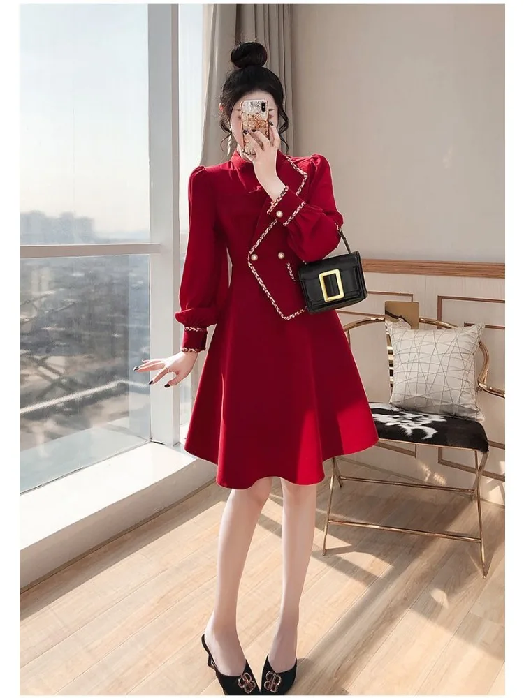 Lnsozkdg 2024 Fashion Patchwork Irregular Red Dress Women Dresses Autumn Temperament Waist A-Line Elegant Lady Party Mini Dress