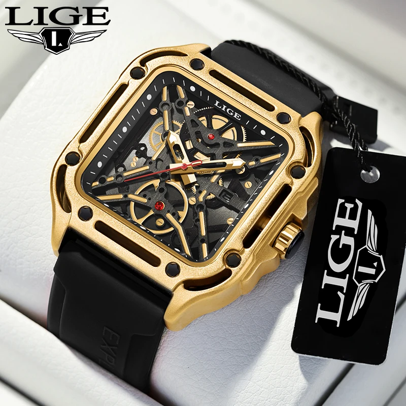 LIGE Fashion Square Quartz Watch for Men Top Brand Waterproof Man Watches Casual Sport Military Chronograph Luminous Male Clocks