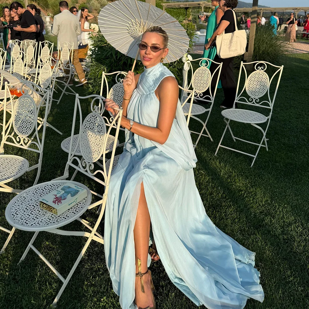 Customized Baby Blue Chiffon Prom Dresses Halter Sleeveless A-Line Evening Gowns Pleated Ruched Formal Party Dress vestido de fe