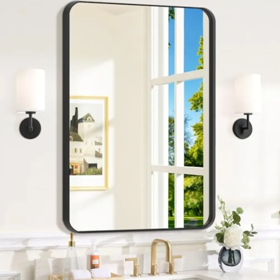 

Black Bathroom Mirror for Over Sink 24" x 36" Framed Rectargular Wall-Mounted Bathroom Mirrors for Vanity Decorative Farmhouse