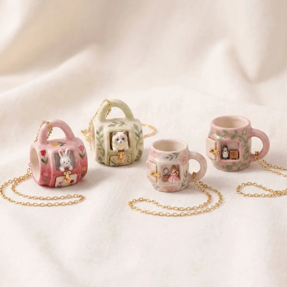 Lightweight Miniature Mug Pendant Necklace Alloy Gold Tone Ceramic Necklace Micro Scene Bunny Cat Cartoon Jewelry Christmas Gift