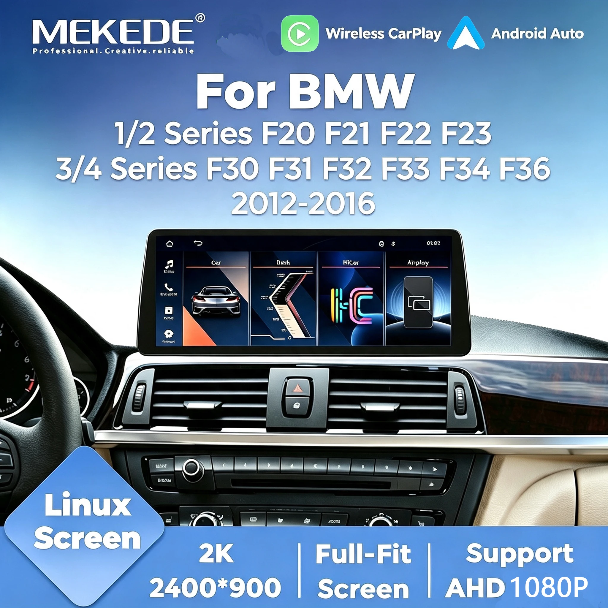 MEKEDE Plug-and-Play 10.25'' 12.3'' Autoradio sans fil CarPlay Android Auto pour BMW 1 2 3 4 Series F20 F21 F22 F23 F30 F31 F32 F33 F34 F36 Linux Car Multimedia GPS Navigation 2400*900 Écran tactile Wifi Lecteur vidéo Bluetooth Stéréo Fonction Mirror Link SWC