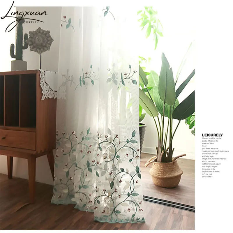 Pastoral Embroidery Tulle Window Curtains For Living Room Floral Sheer Voile Curtain For Bedroom Kitchen Drapes Blinds Customs