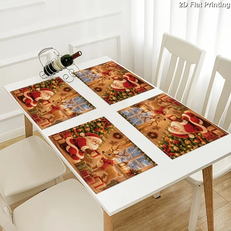 Santa Claus Reindeer Print Linen Placemats, Warm Retro Xmas Scene Pattern Table Mats for Christmas Party Home Dining Table