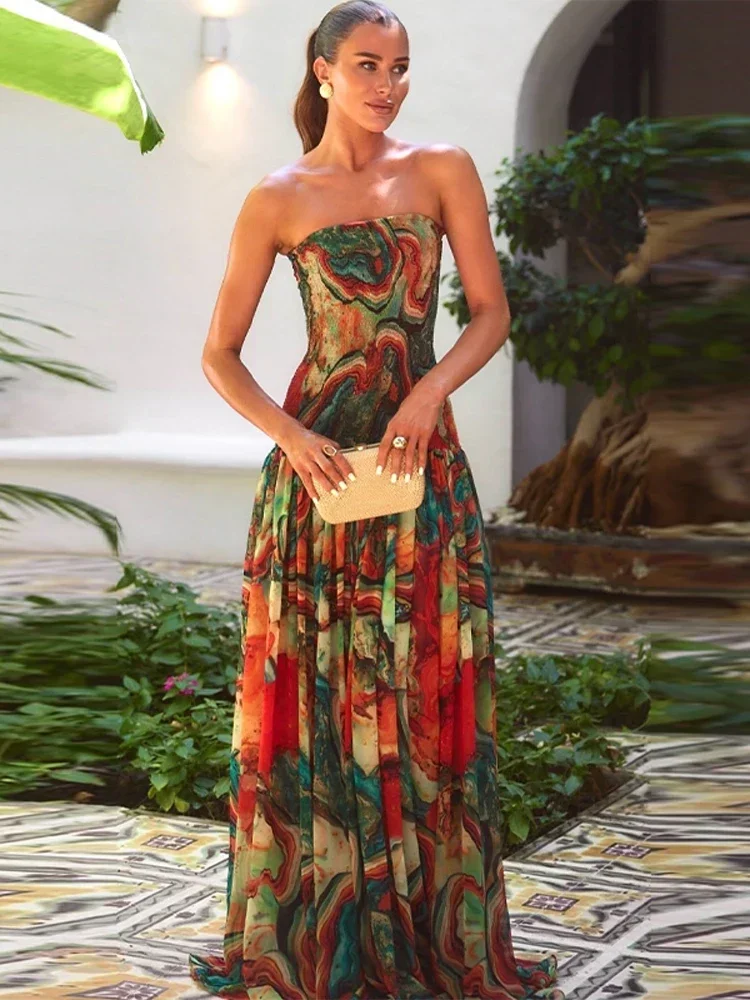 

Elegant Floral Print Tube Long Dress Women's Fashion Slim Sleeveless Backless Pleated A-line Dresses 2025 Evening Party Gowns