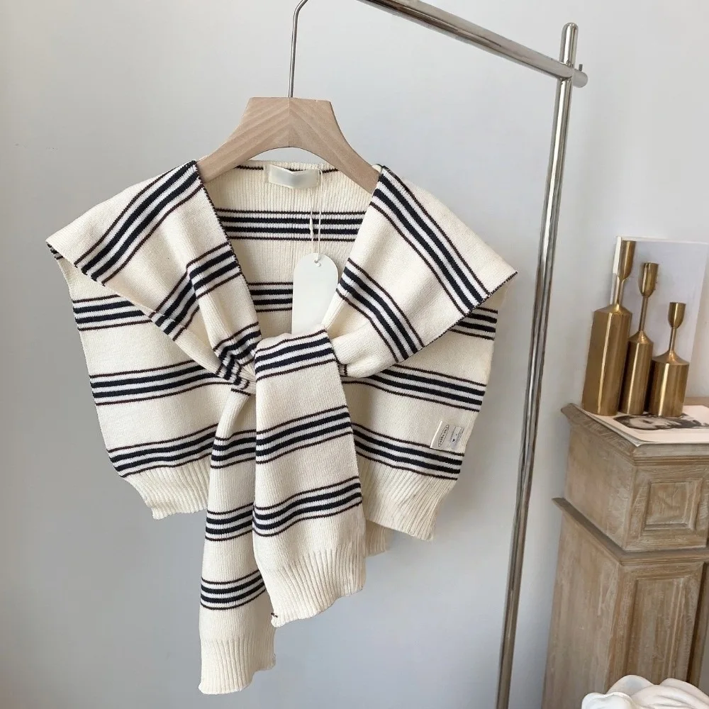 

Simple Classic Men Knitted Shawl Cloak Korean Style Stripe Scarf Knotted Wraps Fake Collar Wraps Clothes Decoration