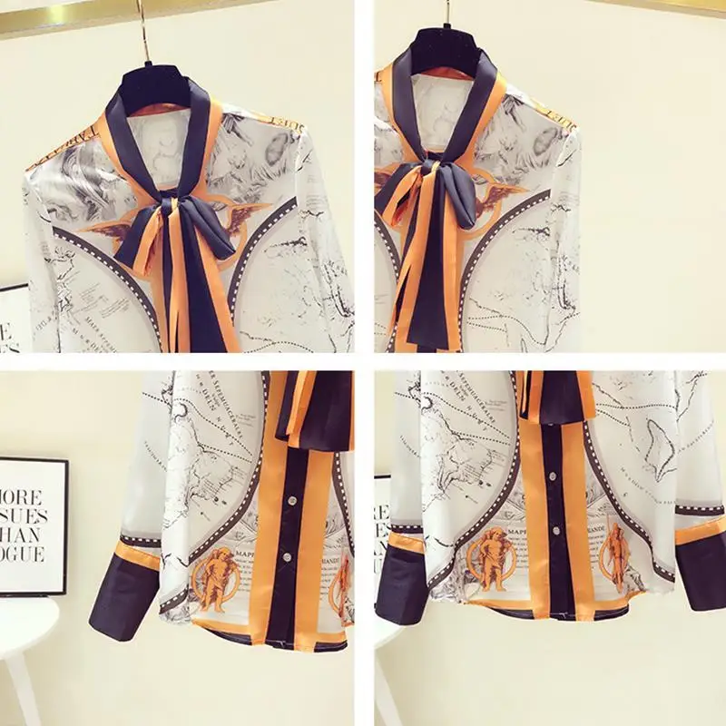 Spring Autumn New Scarf Collar Fashion Long Sleeve Shirt Women High Street Casual Button Patchwork Cardigan Printing Bow Tops