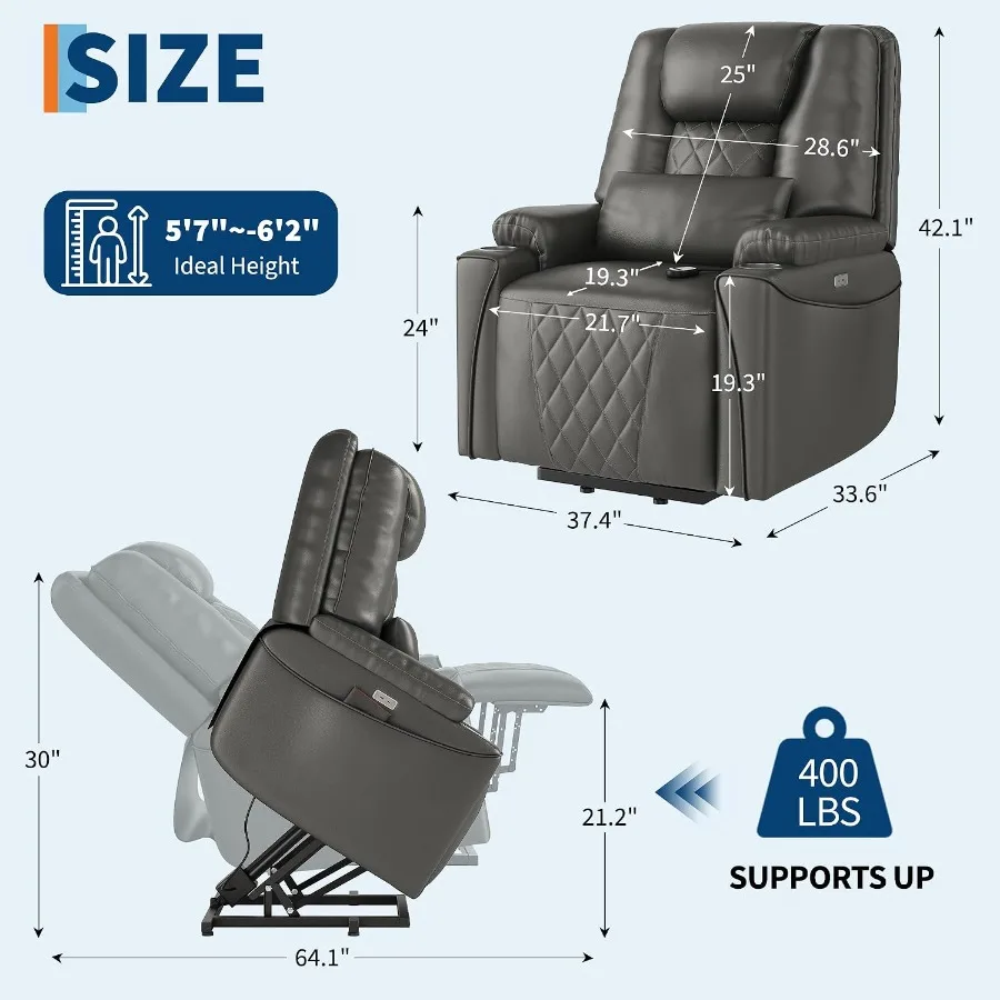 Power Lift Recliner Chair Sofa For Living Room And Home Theater, PU Leather In Gray With Charging Ports Cup Holders Electric St