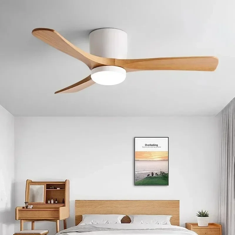 Low Floor Modern Ceiling Fan with Solid Wood Blades, Solid Wood DC Motor, Reversible Blades, Remote Control, LED Fan with Lights