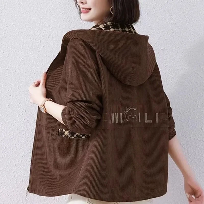 Women\'s Corduroy Coat New Fashion Hooded Spring Autumn Short Jacket Loose Female Windbreakers Casual Tops Casaco Feminino