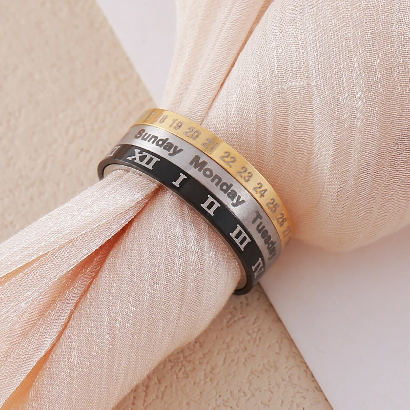Creative Roman numeral time tricolor calendar rotating stainless steel ring daily casual men's and women's universal jewelry