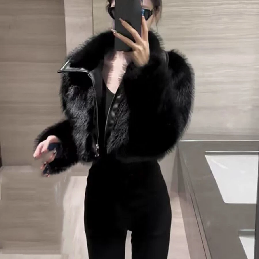 

Новое зимнее пальто для девочек, милые короткие модные универсальные куртки с мехом в стиле пэчворк, пушистые повседневные уличные топы