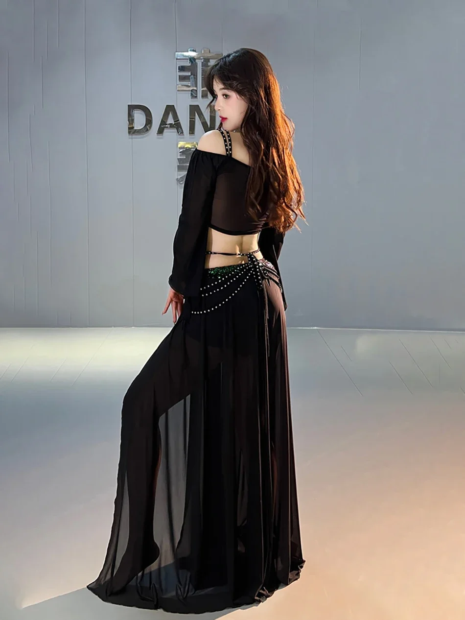 Costume de danse du ventre pour femmes adultes, vêtements de pratique personnelle, haut et jupe, ensemble 2 pièces en maille à paillettes