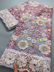 African French Mesh Lace Fabric Milk Silk Lace Nigerian Embroidered Fabrics Sequins High Quality for Women Dresses,5Yards 4137