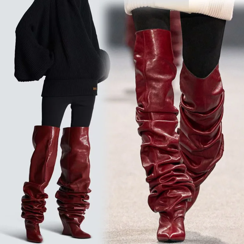 Pointed Toe Loose-Fitting Wedge Leather Shoes Pleated Slip-On Mid-Calf Women's Slouch Boot Plus Size Runway Knee-High Boots Lady