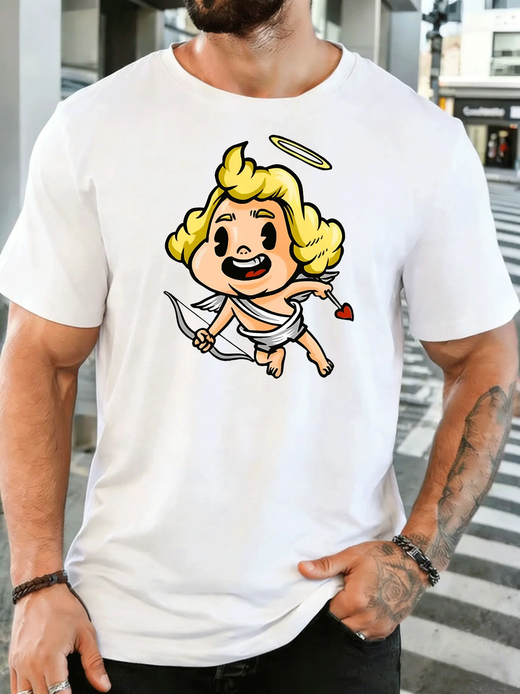 Cartoon Cupid With Heart Arrow Mens Front Print T Shirt Valentine Angel Graphic Tee Casual Short Sleeve Top Romantic Lover Gift