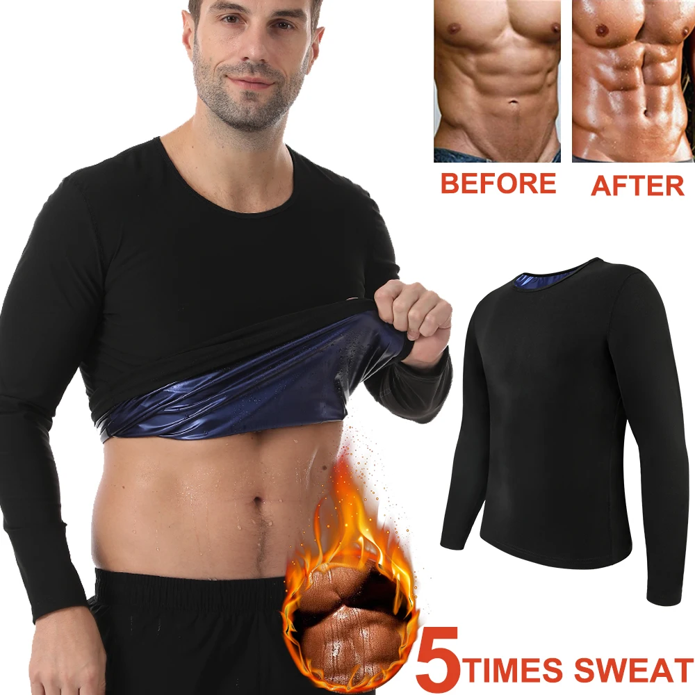 Men Sweat Suit Neoprene Sauna Shirt Fitness Waist Trainer Sweat Gym Long-sleeved Top Workout Slimming Body Shaping Round Neck