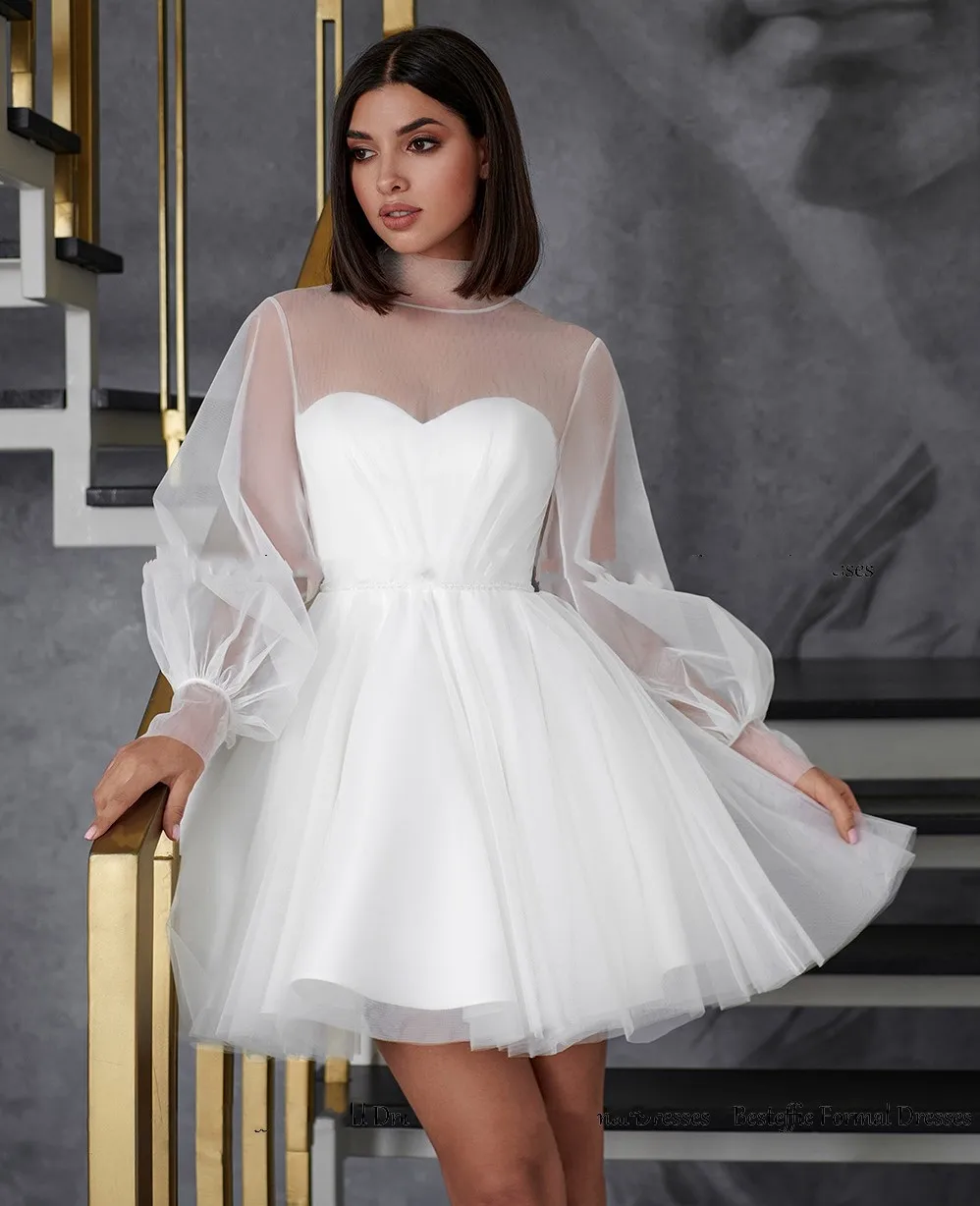 

Customized Short Beach Weddding Dress 2025 Long Sleeves Illusion High Neck Women Bridal Bride Party Gowns Vestidos De Noiva