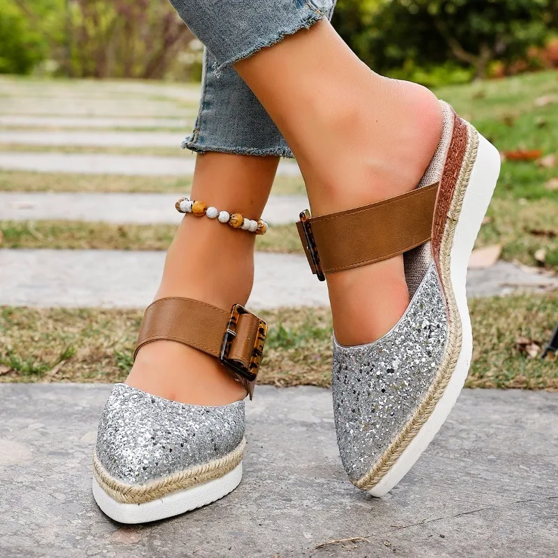 

2025 New Closed Toe Women's Sandals Fashion Sequins Casual Summer New Crystal Floral Plus Size Best Seller Sandals Slippers