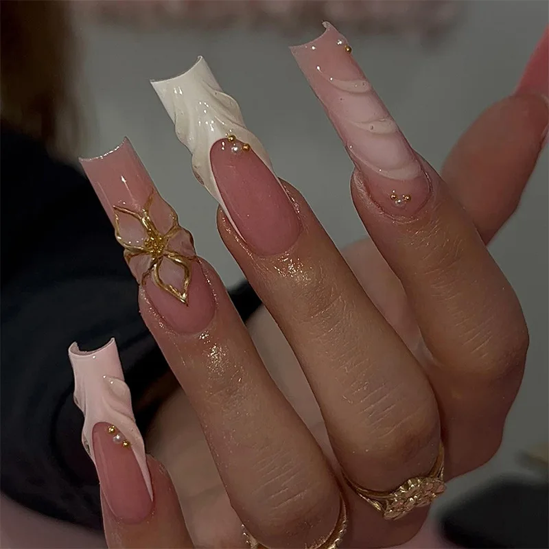 

24PCS 3D Ripples French False Nails Sweet Pink Flowers Nail Art with Golden Pearl Fake Nails Detachable Manicure Tips Art Patch