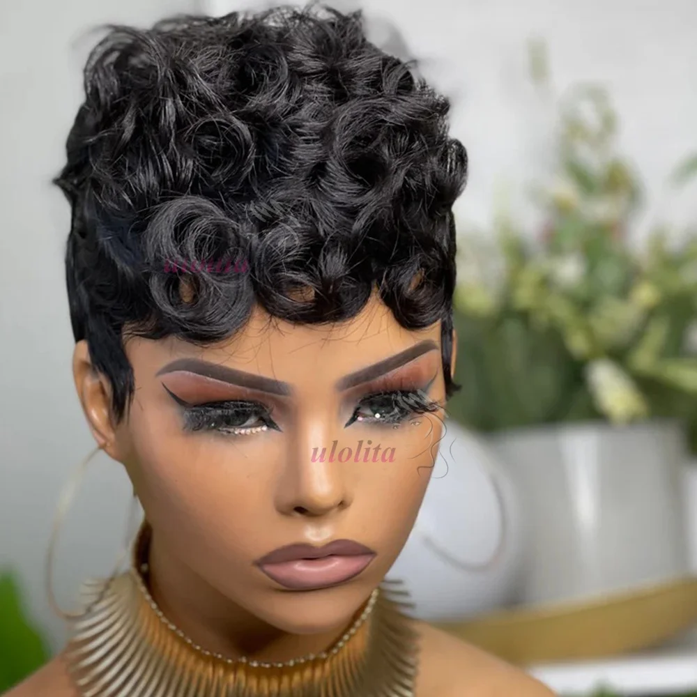 Lockige, kurze Pixie-Cut-Perücken für Frauen aus Echthaar in Schokoladenbraun # 4 farbige, vollständig maschinell gefertigte Perücken, Bob-Perücke, peruanische Haarperücken – Detail 6