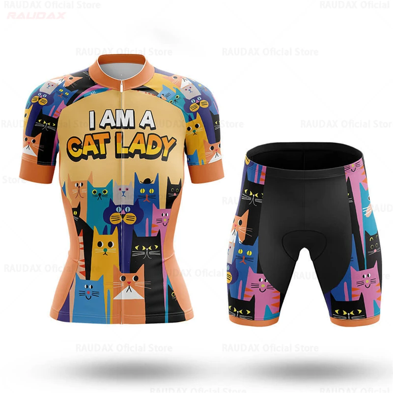 Cartoon Cat Women Cycling Jersey Set 2023 Funny Summer Bicycle Cycling Clothing Short Sleeves Bike Clothes Maillot Ropa Ciclismo