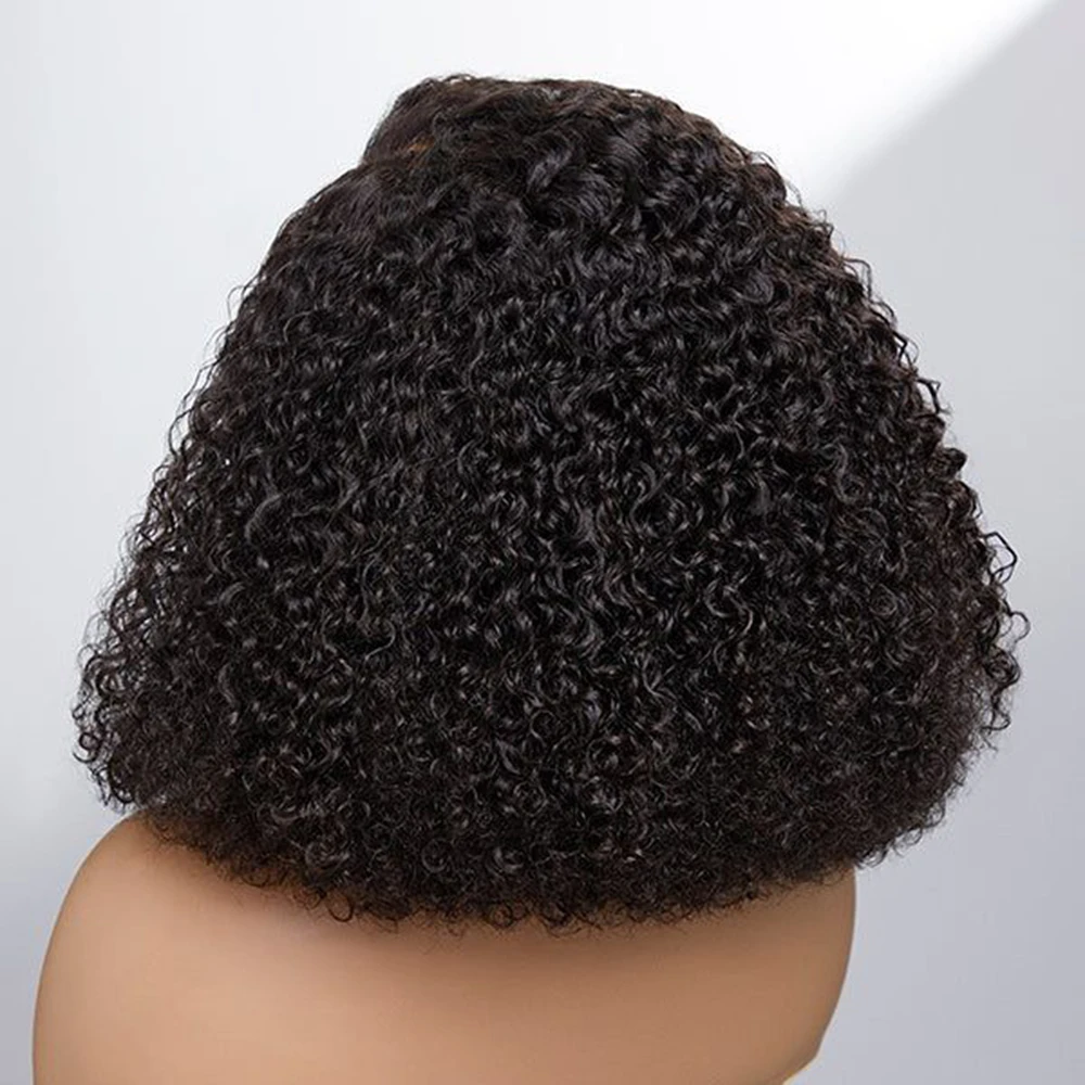 Natural Black 14" Short Cut Bob Soft 180% Density Kinky Curly Deep Lace Front Wig For Women Baby Hair Preplucked Glueless Daily