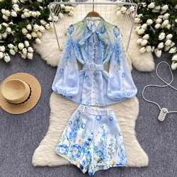 Frühling Sommer Landebahn 2 Stück Shorts Outfit Frauen Bogen Hals Blumen druck Laterne Ärmel Blusen Hemden weites Bein Shorts Set Anzug