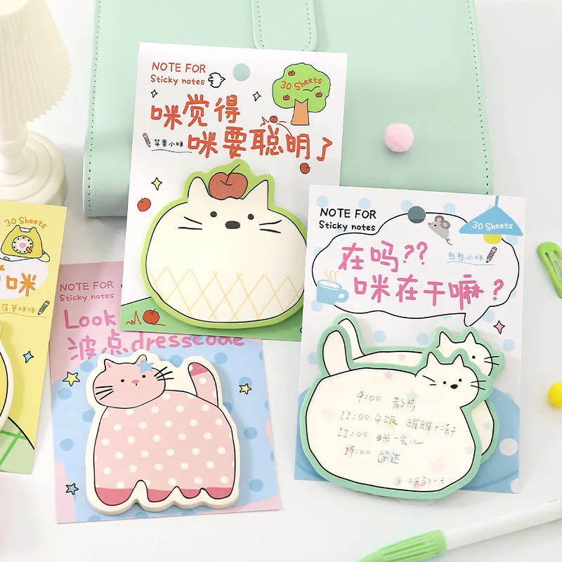 Flat Cat Diary Series, Korean Simple and Cute Student Memo Message Sticky Note Paper Kawaii Stationery Sticky Tabs Sticky Notes