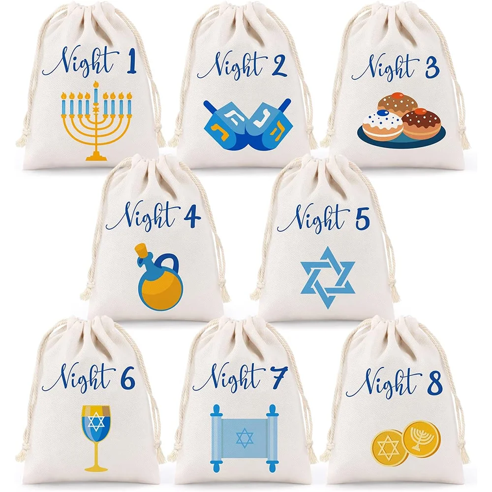 8 Nights of Hanukkah Gift Bags Hanukkah Countdown Drawstring Burlap Bags Jewish Holiday Burlap Drawstring Gift Bags for kids