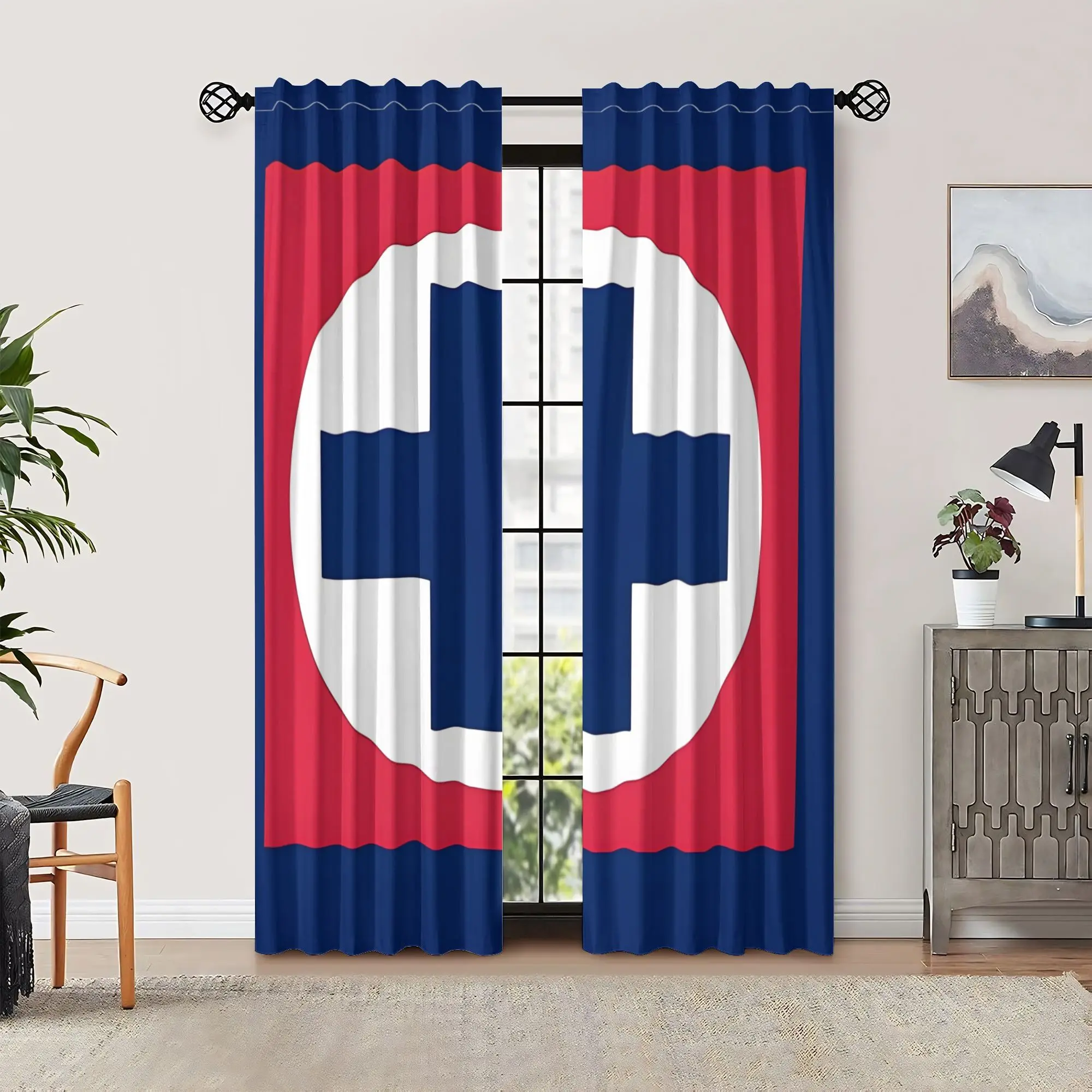 Red Blue Cross Curtains, Geometric Medical Theme Window Drapes, Bold Color Block Print for Clinic or Home Decor, Blackout Fabric
