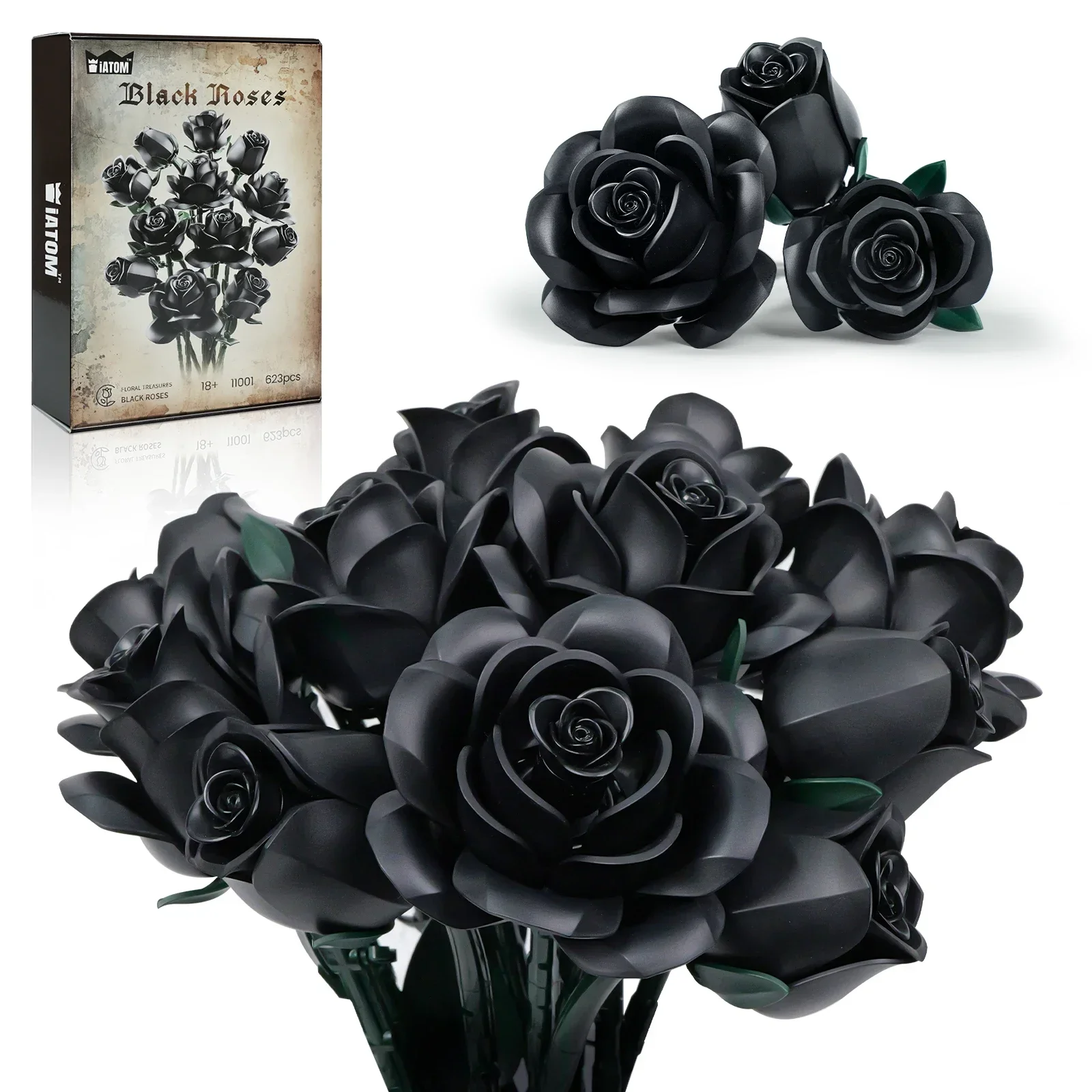 12 PCS Black Rose Building Block Set Plant Bouquet High Quality Simulated Roses Flowers Gothic Decoration Valentine’s Day Gift