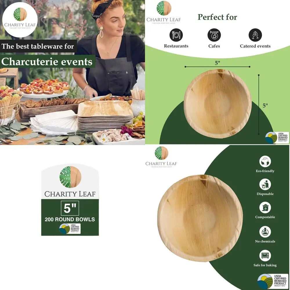 

5 Round Bamboo-Style Biodegradable Palm Leaf Bowls (200 Pack) for Dipping, Charcuterie, BBQs & Parties