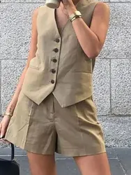 Vintage 2024 Summer Woman Solid Set V Neck Sleeveless Buttons Vest Top + Pockets Commute Wild Elegant Female Short Pant