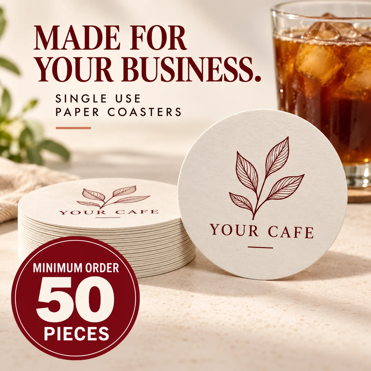 50pcs Custom Disposable Paper Coasters Bulk Logo Printing For Bar Cafe Restaurants Personalized Business Promotional Event Gifts