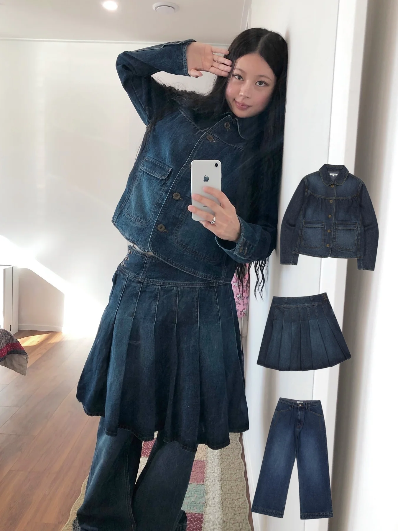 Retro Japanse Sle Waed Denim Jaet plooirok Casual broek Button-up irt Long Sve Cotton Regular Fit