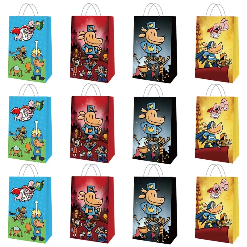 12pcs Dog Man Birthday Party Gift Bag Kids Anime Decorations Boys Girls Candy Loot Favors Bags Handle Baby Shower Decor Supplies