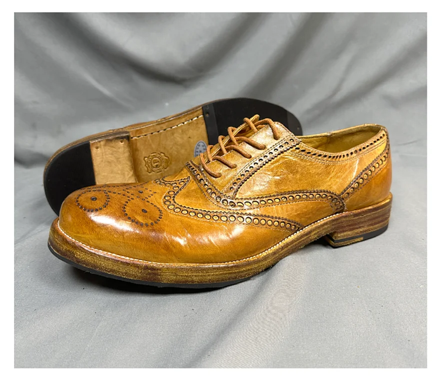 グッドイヤー手作り英国レトロ本革ソールハイエンド馬革メンズヴァンテージダービーブローグドレスシューズ