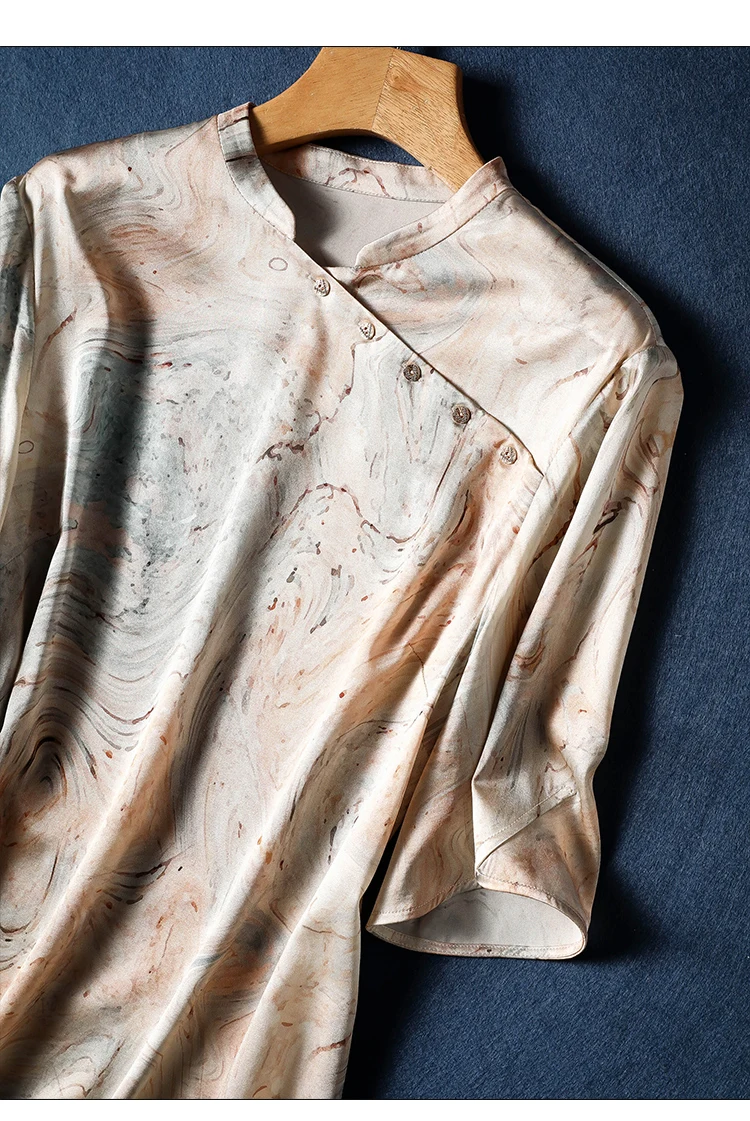 Vestidos estampados de seda para mujer, novedad de 2023, vestido holgado de satén de manga corta de verano estilo imperio chino, ropa con cuello