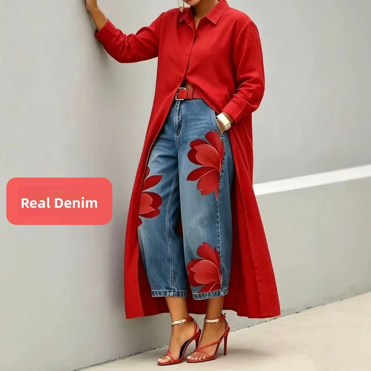 Casual High Waist Straight Leg Pants Women's Imitation Denim Plant Floral Digital Printing Polyester Fiber Micro Stretch