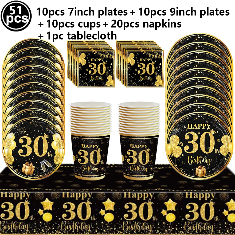 30. Geburtstag Dekorationen Schwarz-Gold Tischgeschirr Pappteller Servietten 30. Geburtstagsparty Zubehör für Männer Frauen 30. Party Feier – Detail 5
